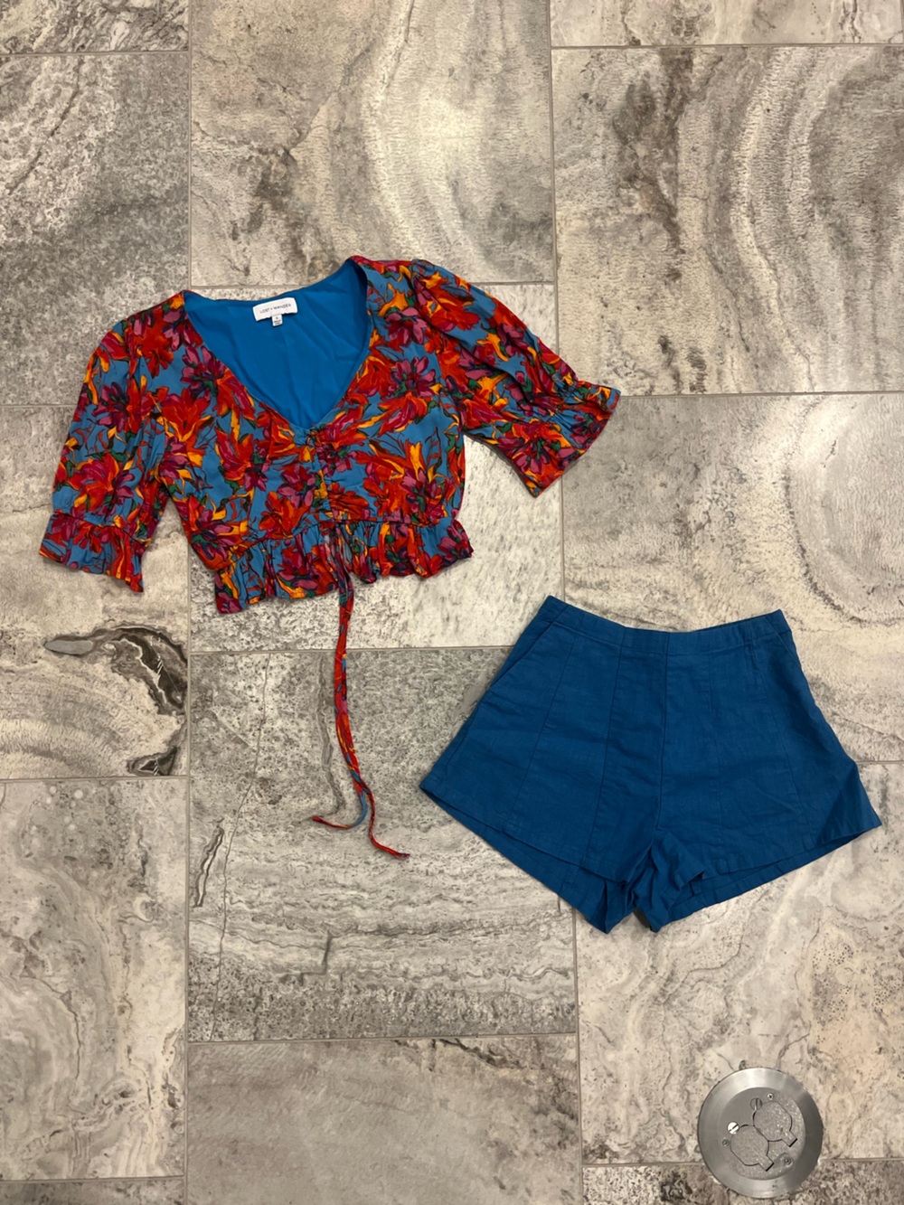 Lost + Wander Floral Top and Matching Blue High Waist Short